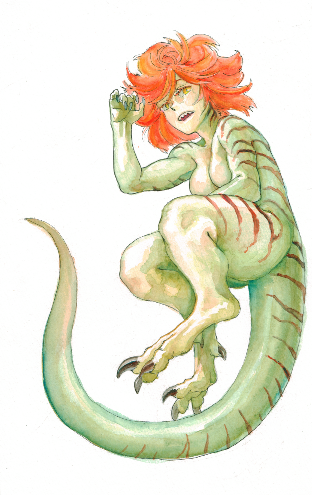 1girl, breasts, claws, full_body, green_skin, kanemaki_thomas, lizard_girl, lizard_tail, monster_girl, no_nipples, nude, original, redhead, scales, sharp_teeth, slit_pupils, solo, tail, talons, teeth, thick_thighs, thighs, traditional_media, watercolor_(medium), wavy_hair, white_background, yellow_eyes
