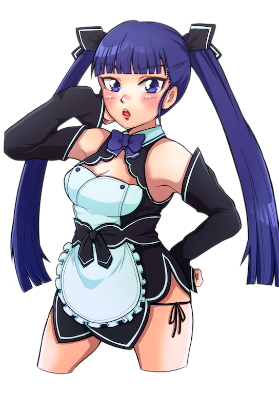 1girl, apron, bangs, bare_shoulders, blue_eyes, blue_hair, blunt_bangs, blush