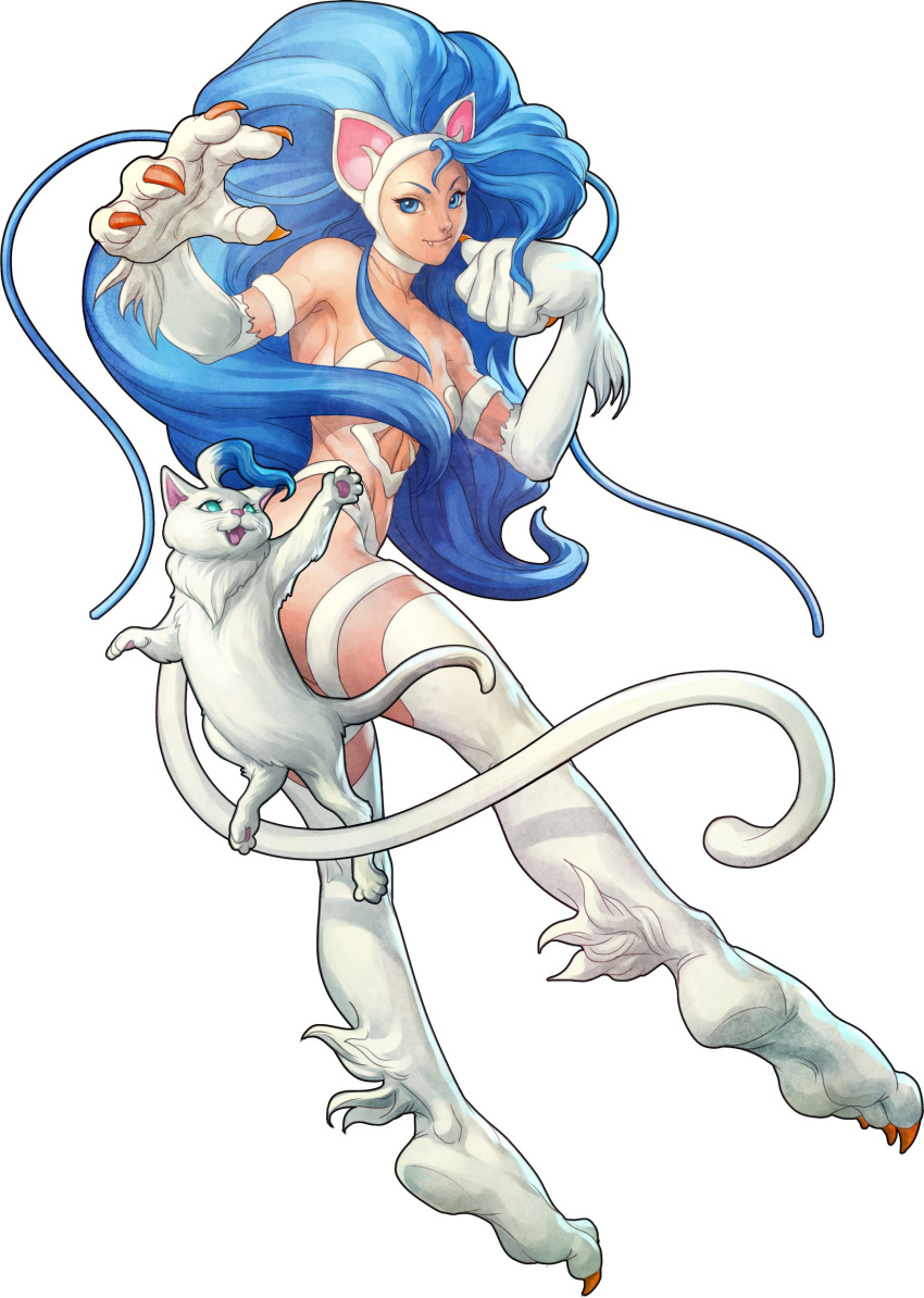 1girl, :d, absurdres, ahoge, animal_ears, aqua_eyes, armpits, barefoot, big_hair, blue_eyes, blue_hair, breasts, cat, cat_ears, cat_paws, cat_tail, censored, claws, clenched_hand, closed_mouth, convenient_censoring, fang, fang_out, fangs, feet, felicia, felicia_(cat), foreshortening, from_side, full_body, fur, highres, jumping, kneepits, legs, light_smile, long_hair, looking_at_viewer, looking_back, medium_breasts, nude, official_art, open_hand, open_mouth, paw_pose, paws, simple_background, smile, soles, solo, stanley_lau, tail, thighs, toned, vampire_(game), vampire_resurrection, very_long_hair, wavy_hair, white_background, white_cat
