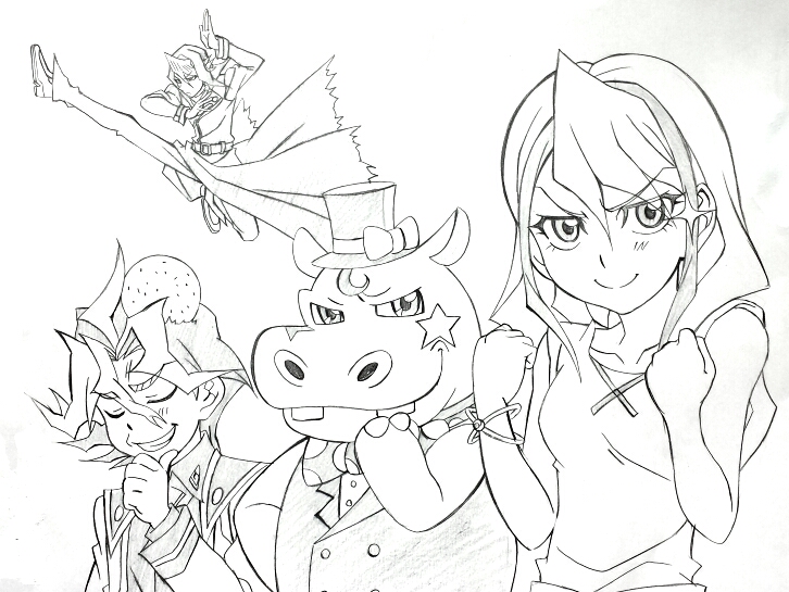 1girl, 2boys, ebina_hidekazu, hiiragi_yuzu, kurosaki_shun, monochrome, multiple_boys, performapal_hip_hippo