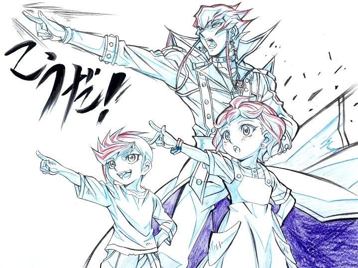 1girl, 2boys, ebina_hidekazu, jack_atlas, monochrome, multiple_boys, rin_(yuu-gi-ou_arc-v), simple_background