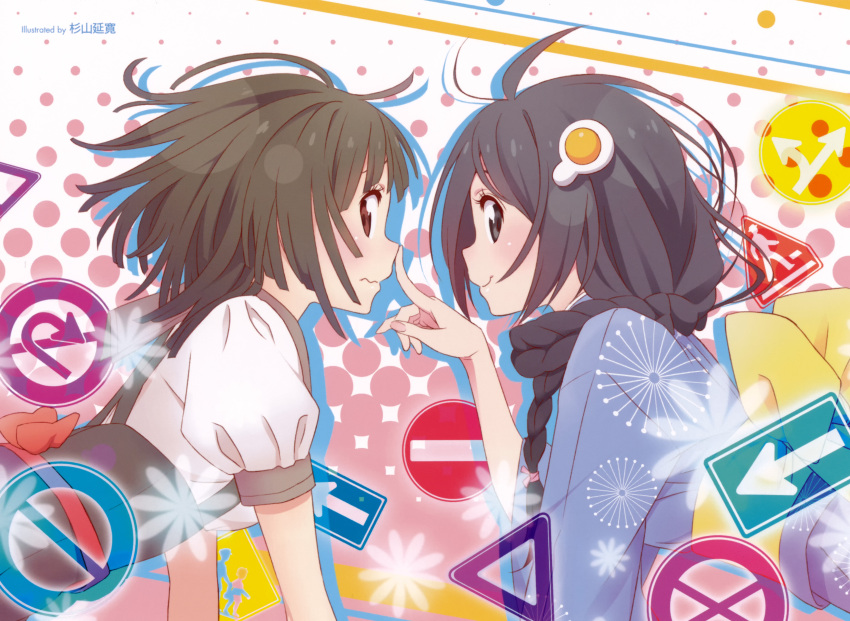 2girls, absurdres, araragi_tsukihi, artist_name, bakemonogatari, black_hair, braid, brown_eyes