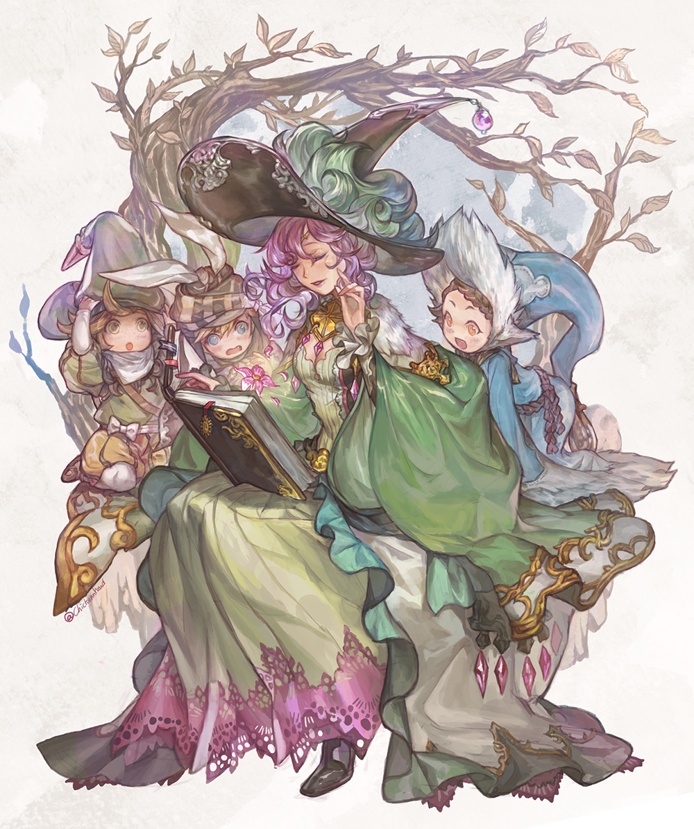 1boy, 3girls, :d, agnesgd, all_fours, bangs, black_hat, blonde_hair