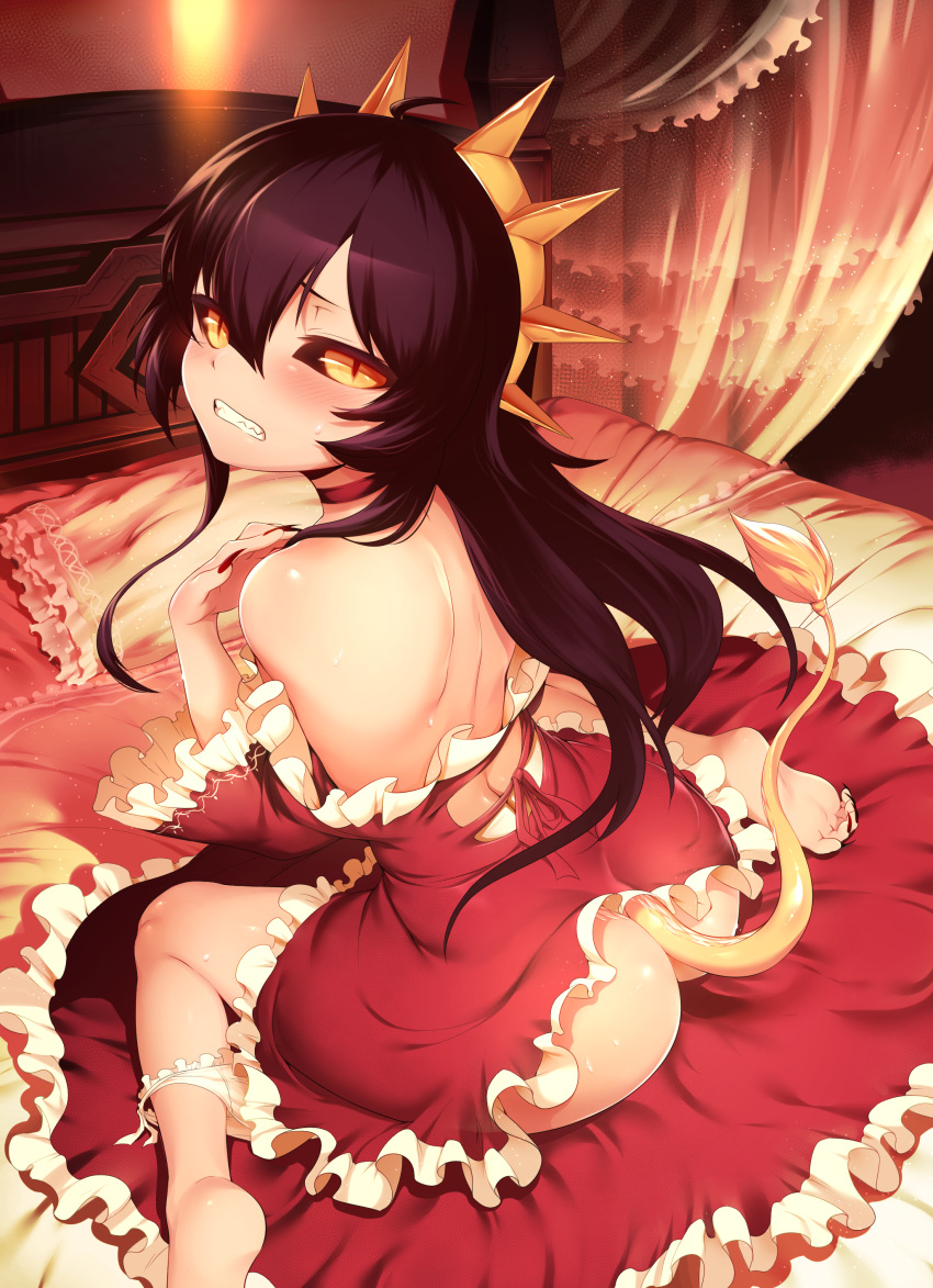 1girl, absurdres, ass, back, bare_shoulders, barefoot, black_hair, blush