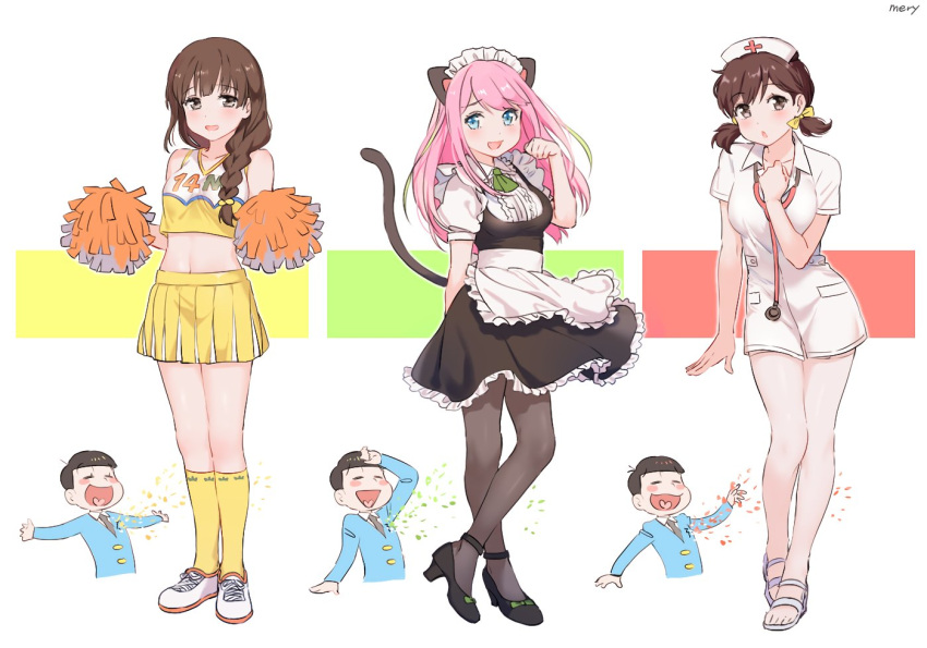 3girls, :d, =_=, alternate_costume, animal_ears, apron, arm_behind_back, arm_up