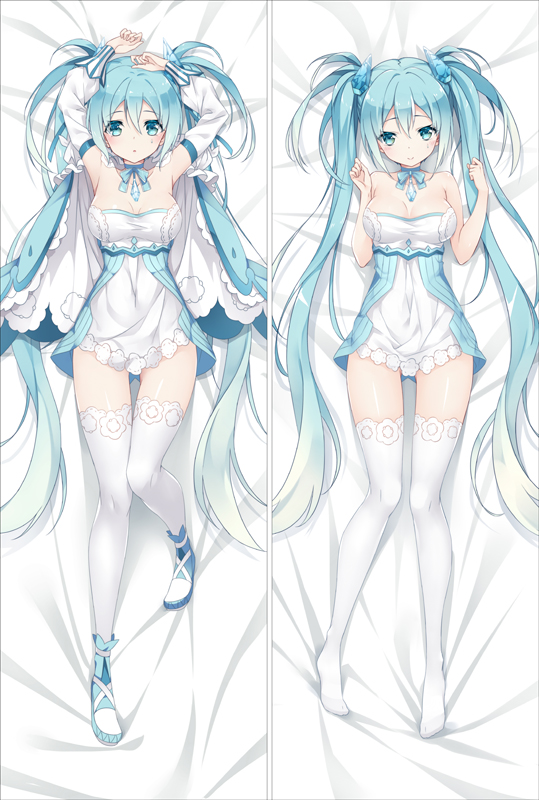 1girl, arms_up, bakugadou, bangs, bare_arms, bare_shoulders, bed_sheet, blue_bow, blue_eyes, blue_hair, blue_shoes, blush, bow, breasts, choker, cleavage, closed_mouth, collarbone, detached_sleeves, dress, eyebrows, eyebrows_visible_through_hair, full_body, gradient_hair, hair_between_eyes, hatsune_miku, jewelry, knees_together_feet_apart, large_breasts, long_hair, long_sleeves, looking_at_viewer, lying, multicolored_hair, multiple_views, no_shoes, on_back, shoes, smile, strapless, thigh-highs, twintails, two-tone_hair, very_long_hair, vocaloid, white_legwear