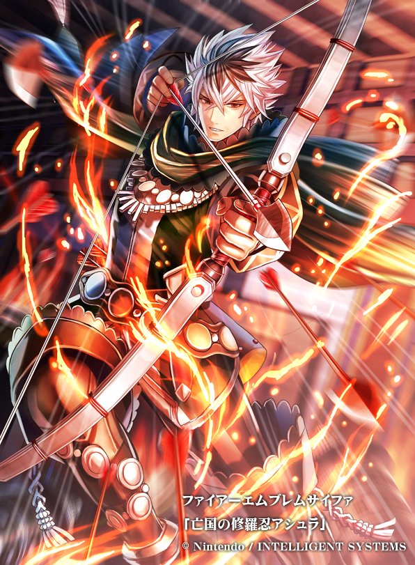 1boy, arrow, asura_(fire_emblem_if), black_hair, bow_(weapon), company_name, fire, fire_emblem