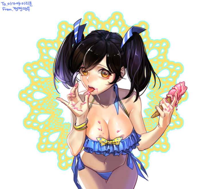1girl, bangs, bare_shoulders, bikini, black_hair, blue_bikini, bow, bowtie