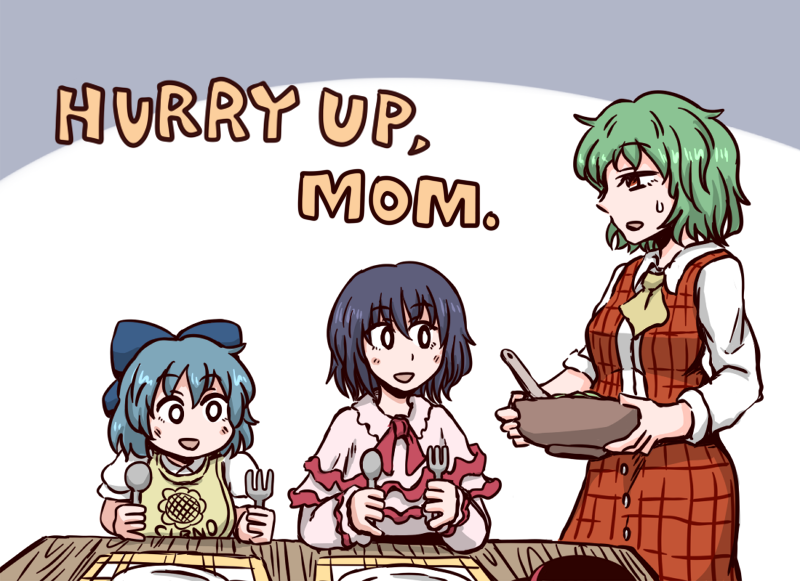 3girls, ascot, bib, blue_hair, bow, cirno, dress, english, fork, green_hair, hair_bow, hat, hat_removed, headwear_removed, jiru_(jirufun), kazami_yuuka, multiple_girls, nagae_iku, plaid, plaid_skirt, plaid_vest, purple_hair, red_eyes, shirt, short_hair, skirt, skirt_set, spoon, touhou, vest