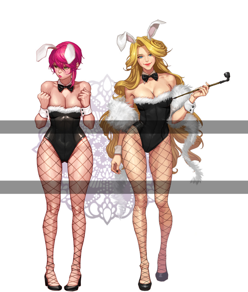 2girls, animal_ears, bangs, bare_shoulders, black_bow, black_bowtie, black_legwear, black_leotard
