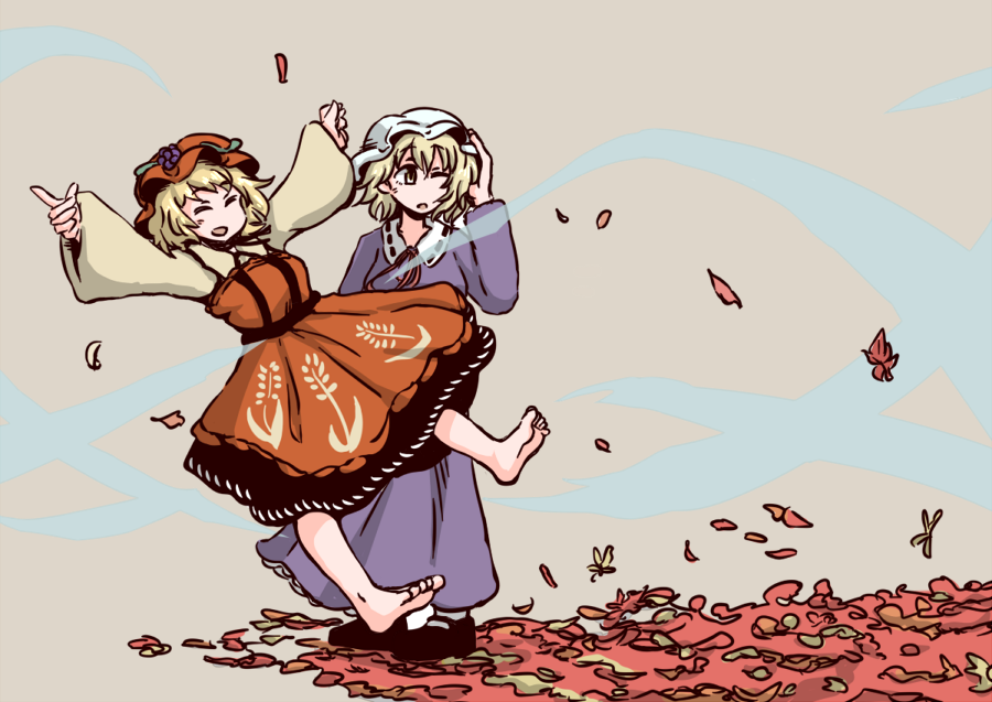 2girls, aki_minoriko, blonde_hair, closed_eyes, dress, food, fruit, grapes