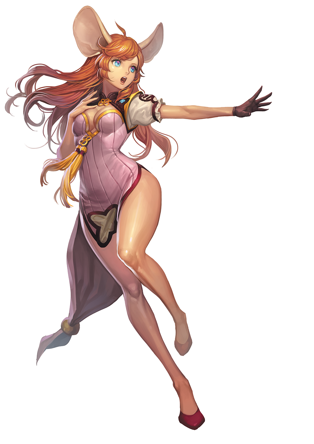 1girl, ahoge, animal_ears, bangs, blade_&amp;_soul, blue_eyes, breasts, cleavage