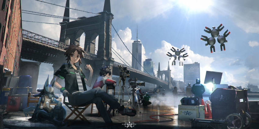 black_pants, black_shirt, brooklyn_bridge, brown_eyes, brown_hair, brown_shoes, building, chair, closed_eyes, clouds, crossed_legs, film_set, hue_(pokemon), kyouhei_(pokemon), lucario, magneton, new_york, one_world_trade_center, open_clothes, open_shirt, outdoors, pants, parted_lips, pokemon, pokemon_(game), pokemon_bw2, rounin_(amuza), shirt, shoes, short_hair, short_sleeves, sitting, sky, skyscraper, striped, striped_shirt, sun, sweatband, traffic_cone