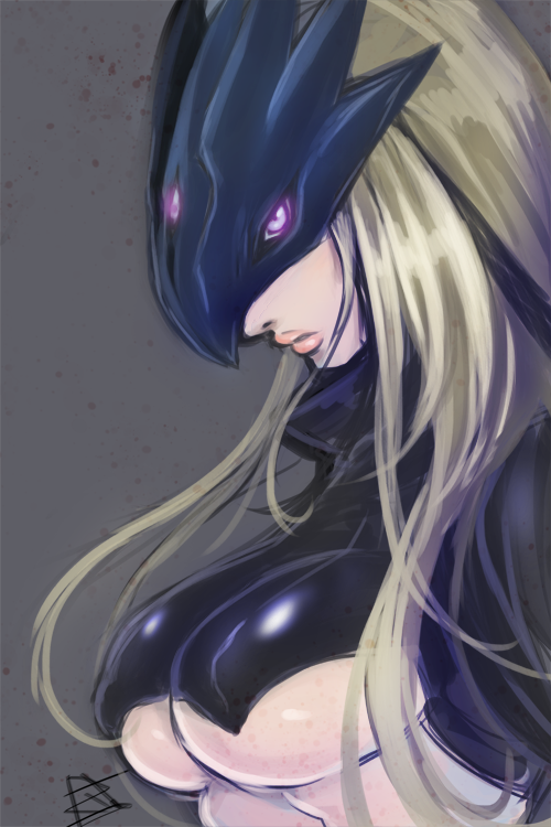 1girl, artist_name, beelstarmon, blonde_hair, breasts, digimon, grey_background, large_breasts, long_hair, mask, portrait, solo, third_eye, violet_eyes, zaebos