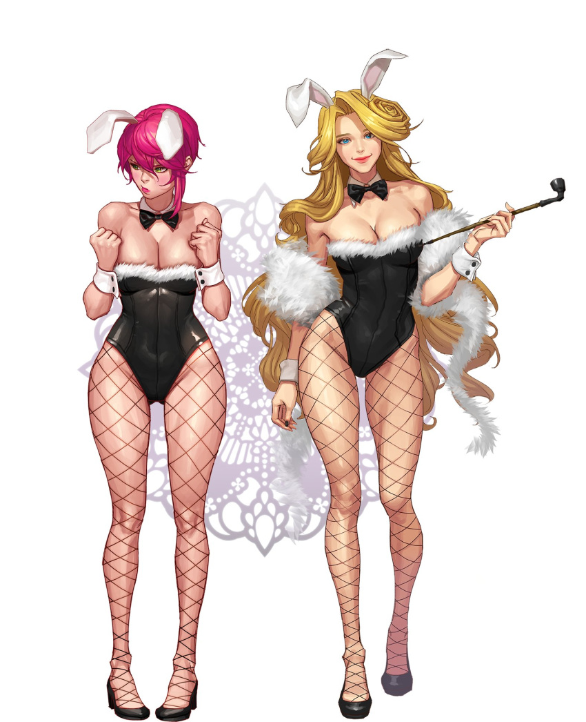 2girls, animal_ears, bangs, bare_shoulders, black_bow, black_bowtie, black_legwear, black_leotard