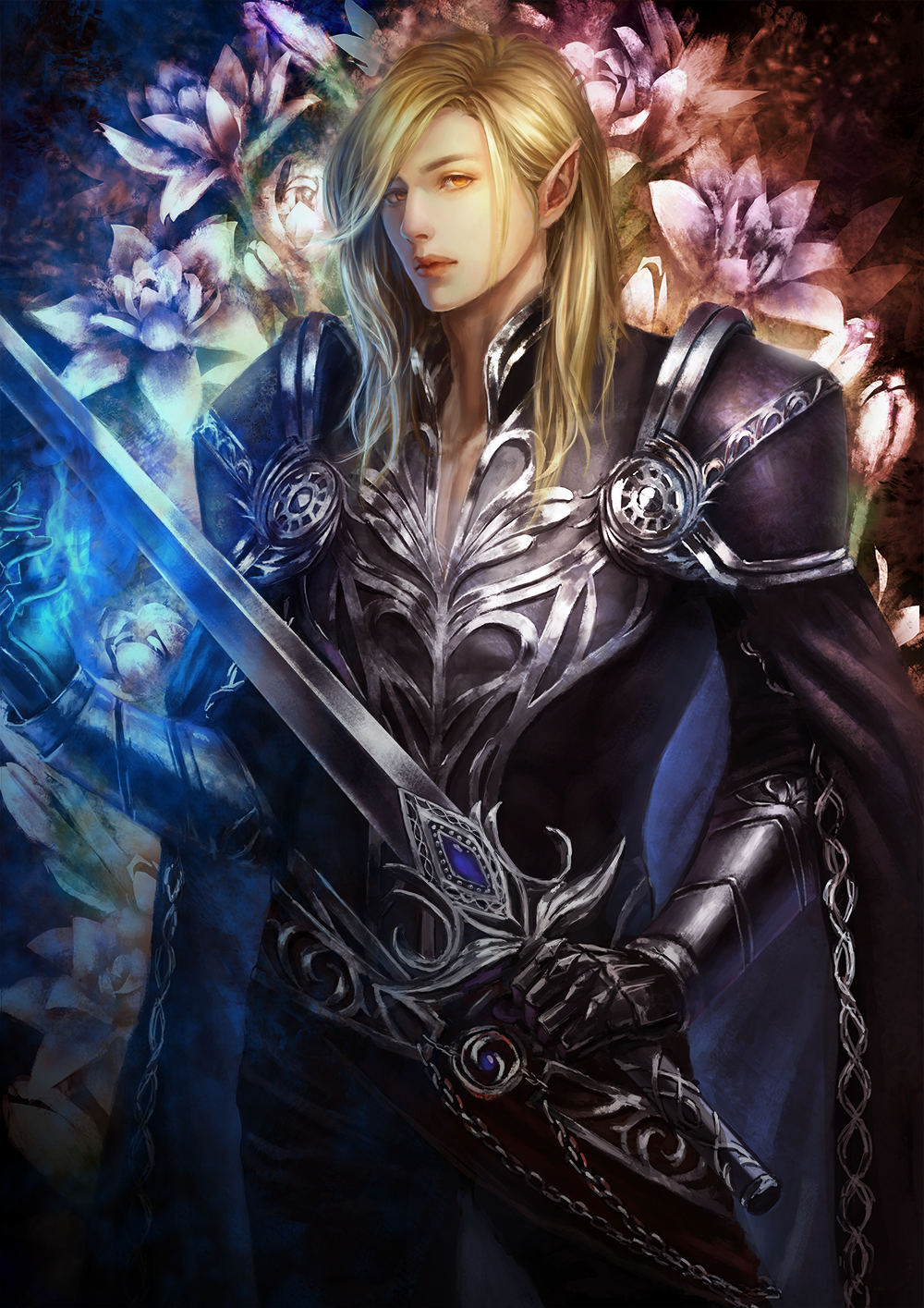 1boy, armor, blonde_hair, cape, elf, flower, gauntlets, highres