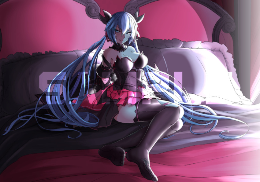 1girl, bare_shoulders, blue_eyes, blue_hair, breasts, hatsune_miku, highres, long_hair, looking, medium_breasts, on_bed, saggitary, sample, skirt, smirk, solo, thigh-highs, twintails, very_long_hair, vocaloid