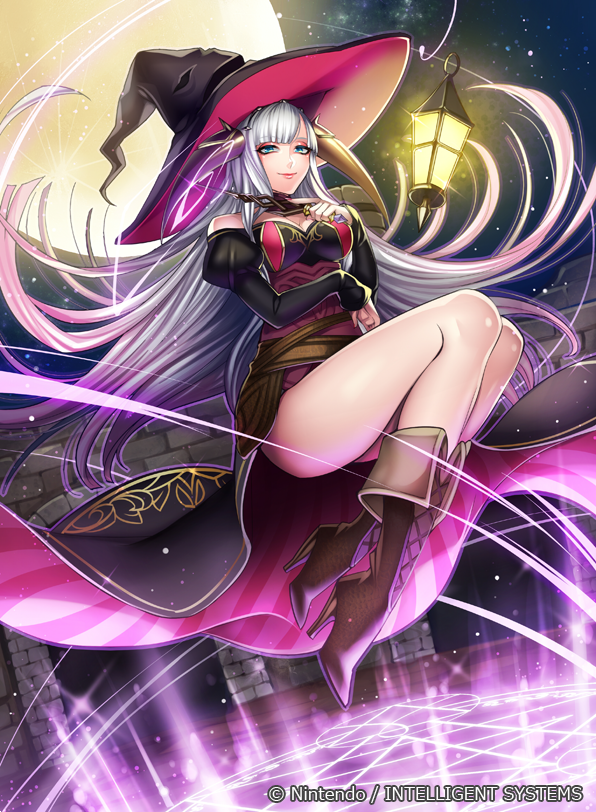 1girl, bare_shoulders, blue_eyes, boots, breasts, cleavage, company_name, female, fire_emblem, fire_emblem_cipher, fire_emblem_if, hat, high_heel_boots, high_heels, lantern, legs, long_hair, magic_circle, matsurika_youko, moon, night, night_sky, official_art, shade_(fire_emblem), sky, solo, sparkle, star_(sky), thighs, very_long_hair, wand, white_hair, witch_hat