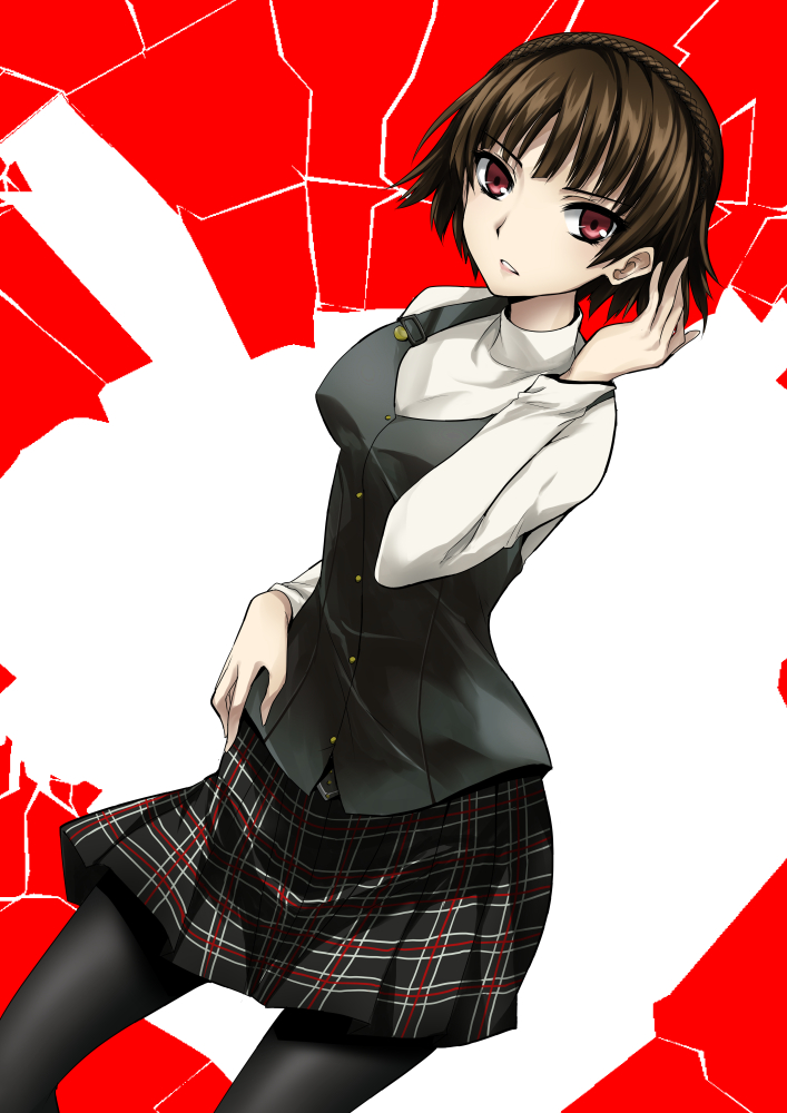 1girl, brown_hair, kuon_makoto, long_sleeves, miniskirt, niijima_makoto, pantyhose, persona