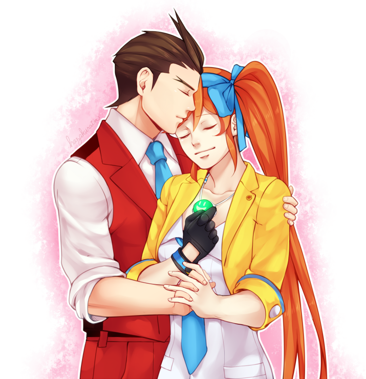 1boy, 1girl, black_gloves, blue_bow, blue_necktie, bow, brown_hair, closed_eyes, collarbone, couple, gloves, gyakuten_saiban, gyakuten_saiban_5, hair_bow, hairband, hetero, holding_hands, janelle, jewelry, kizuki_kokone, long_hair, necklace, necktie, odoroki_housuke, orange_hair, shirt, side_ponytail, single_glove, smile, white_shirt