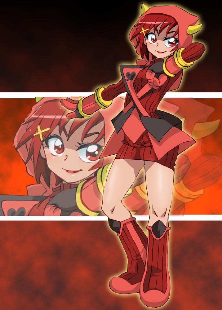 1girl, boots, commentary_request, cosplay, cure_sunny, dress, fake_horns, gloves