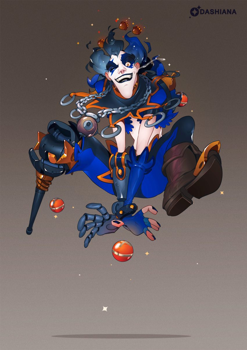 1boy, alternate_costume, amputee, blue_hair, blue_lipstick, blue_nails, bomb, boots