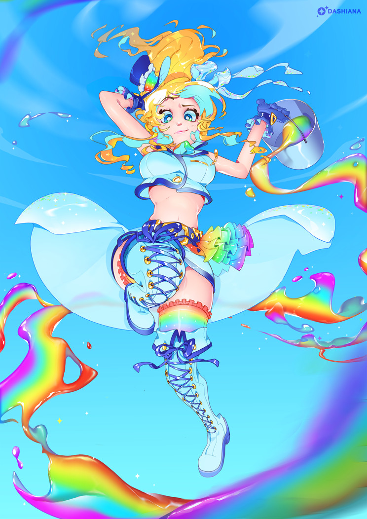 1girl, ayase_eli, blonde_hair, blue_eyes, blue_gloves, blue_sky, boots, breasts, commentary, cross-laced_footwear, dashiana, falling, full_body, gloves, hair_ribbon, hat, lace-up_boots, large_breasts, long_hair, love_live!, love_live!_school_idol_project, midriff, mini_hat, mini_top_hat, multicolored_legwear, navel, paint, ponytail, rainbow_gradient, ribbon, showgirl_skirt, sky, solo, thigh-highs, thigh_boots, top_hat