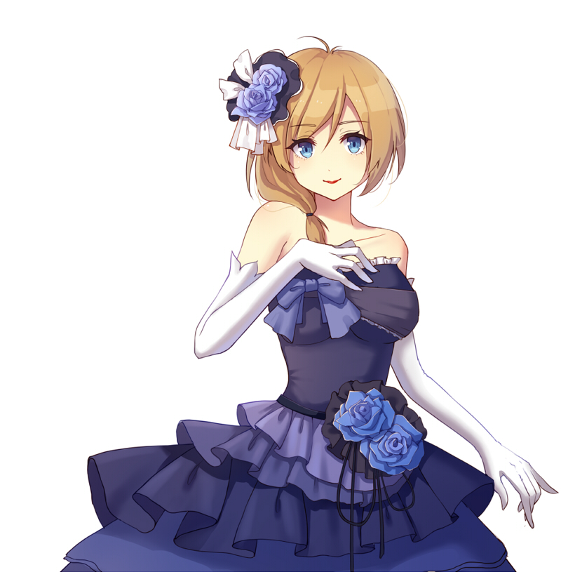 1girl, bare_shoulders, blonde_hair, blue_dress, blue_flower, blue_hair, breasts, corsage
