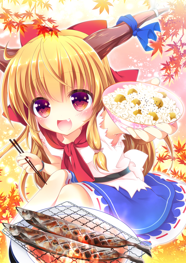 1girl, :d, armpits, autumn_leaves, belt, blue_skirt, blush, bracelet, chopsticks, enjoy_mix, fang, fire, foreshortening, giving, grill, grilling, hair_ribbon, horn_ribbon, horns, ibuki_suika, jewelry, leaf, leaf_background, long_hair, looking_at_viewer, open_mouth, orange_hair, red_eyes, ribbon, rice_bowl, saury, shirt, skirt, sleeveless, sleeveless_shirt, smile, solo, touhou