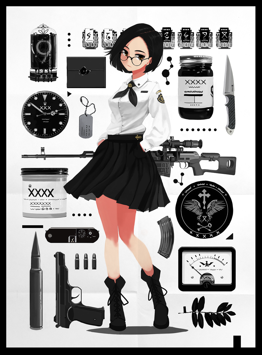 1girl, bangs, black_border, black_hair, boots, border, branch, brown_eyes