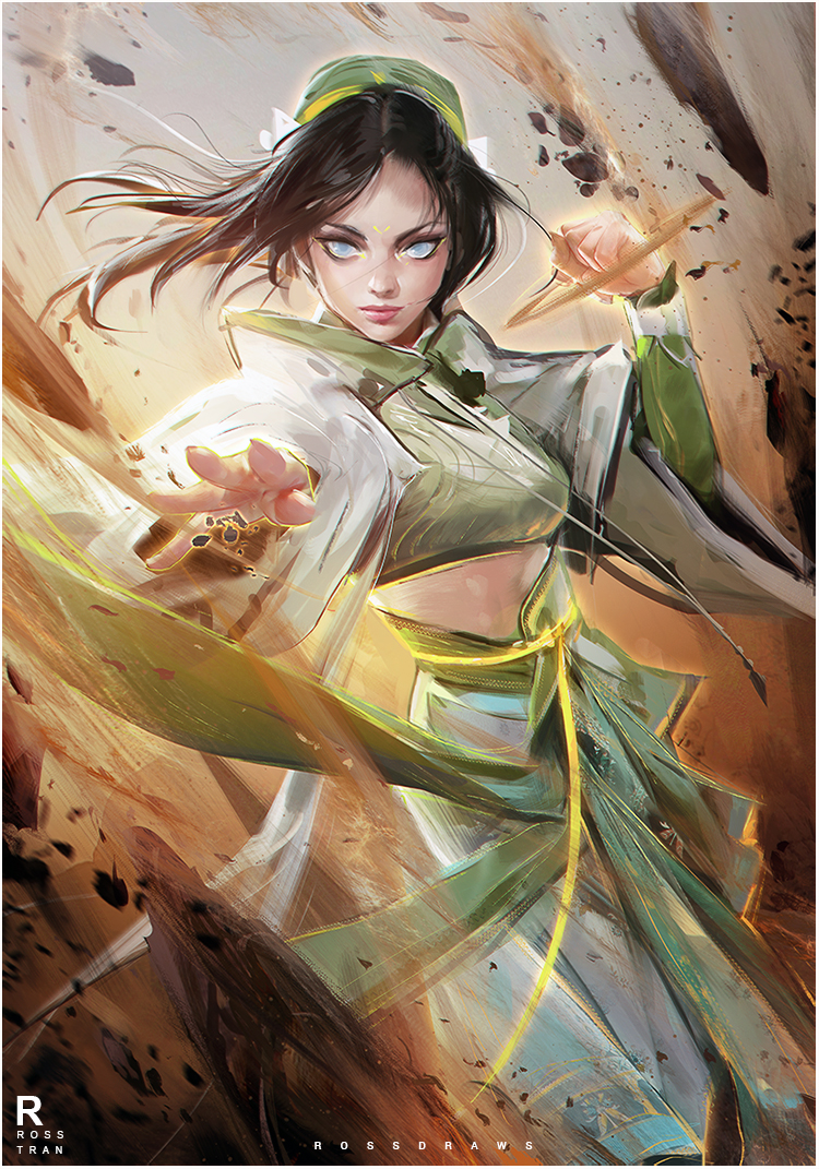 1girl, alternate_costume, avatar:_the_last_airbender, avatar_legends, black_hair, blind, dress, element_bending