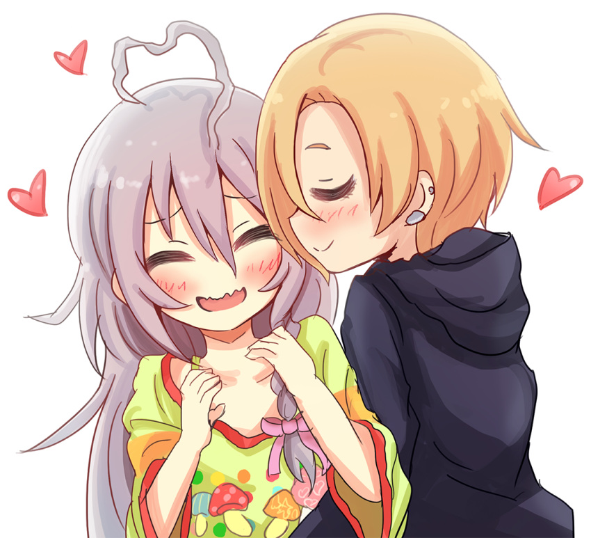 ahoge, blonde_hair, bow, braid, closed_eyes, commentary_request, ear_piercing, earrings