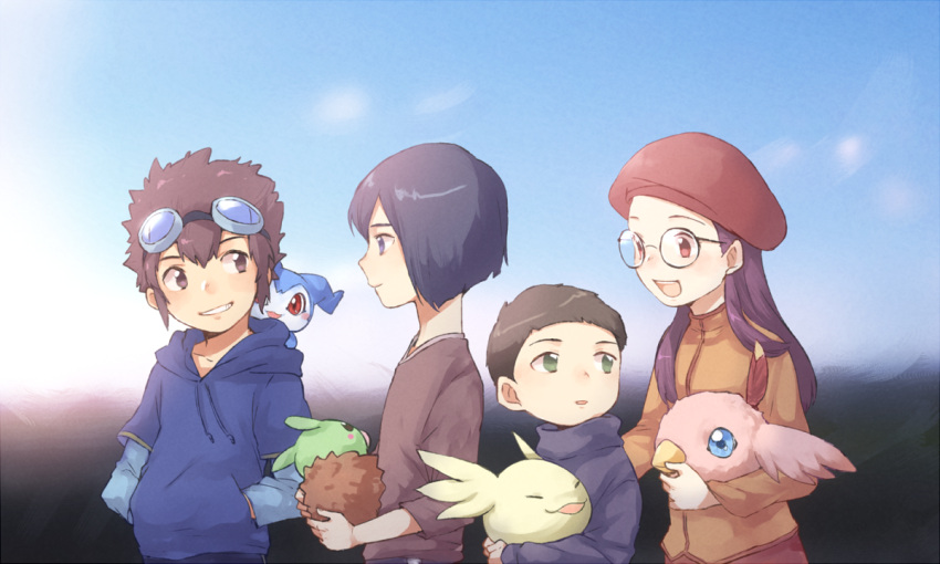 1girl, 3boys, :d, black_eyes, black_hair, blush, blush_stickers, brown_eyes, brown_hair, demiveemon, digimon, digimon_adventure_02, feathers, glasses, goggles, goggles_on_head, green_eyes, grin, hands_in_pockets, hat, hida_iori, hood, hoodie, ichijouji_ken, inoue_miyako, jenrea, long_hair, long_sleeves, minomon, motomiya_daisuke, multiple_boys, open_mouth, poromon, purple_hair, red_eyes, shiny, shiny_hair, short_hair, smile, turtleneck, upamon, wings
