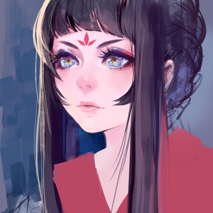 1girl, black_hair, closed_mouth, eyebrows, facial_mark, flower-shaped_pupils, forehead_mark, fuwaffy
