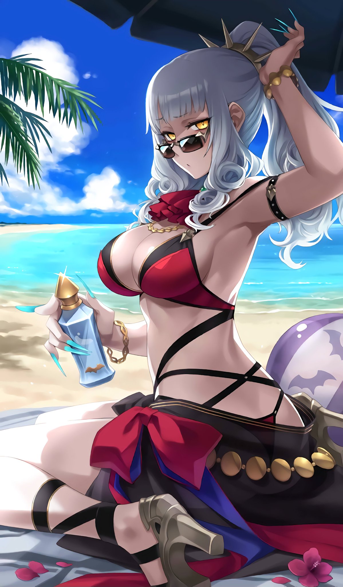 1girl, ass, beach, bikini, bottle, bracelet, breasts, carmilla_(fate/grand_order), cleavage, clouds, fate/grand_order, fate_(series), from_behind, grey_hair, high_heels, highres, hiroki_saito, jewelry, large_breasts, looking_back, ocean, seiza, sitting, solo, summertime_mistress_(fate/grand_order), sunglasses, swimsuit, volleyball, yellow_eyes
