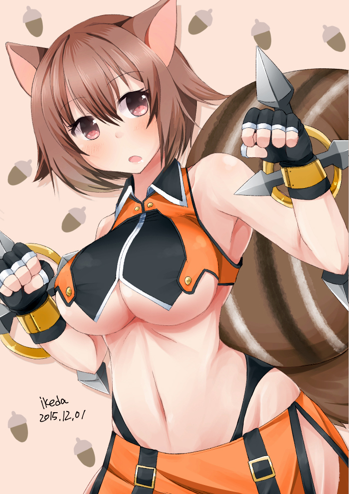 :d, acorn_print, animal_ears, artist_name, blazblue, blush, breasts, brown_hair