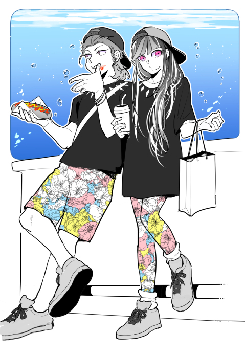 1boy, 1girl, backwards_hat, bag, bangs, baseball_cap, blunt_bangs, bracelet, braid, bubble, casual, cup, dangan_ronpa, drink, eating, food, hat, hot_dog, leggings, long_hair, meiji_(pecosyr5), mioda_ibuki, monochrome, piercing, pink_eyes, shopping_bag, shorts, side_braid, sneakers, souda_kazuichi, streaked_hair, super_dangan_ronpa_2, t-shirt, water