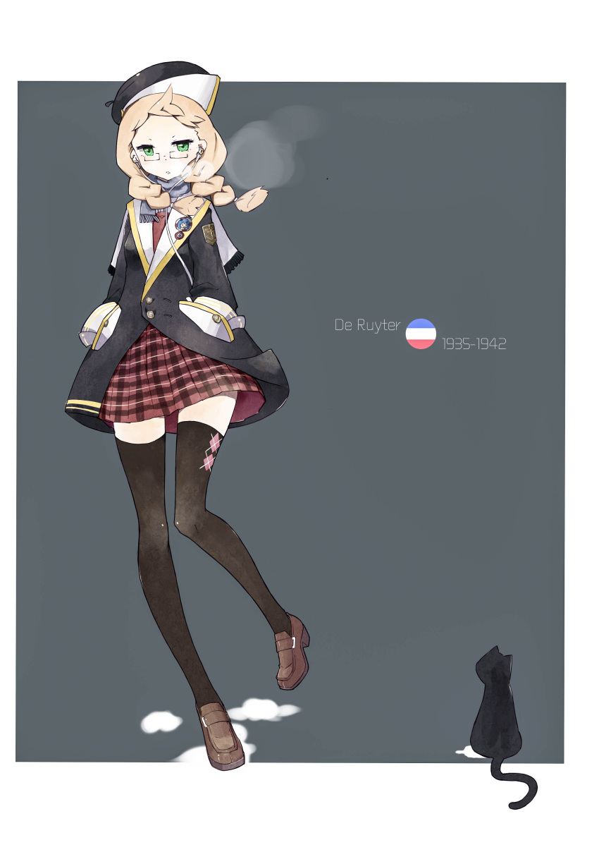 1girl, absurdres, badge, black_coat, black_legwear, blonde_hair, blue_scarf, braid