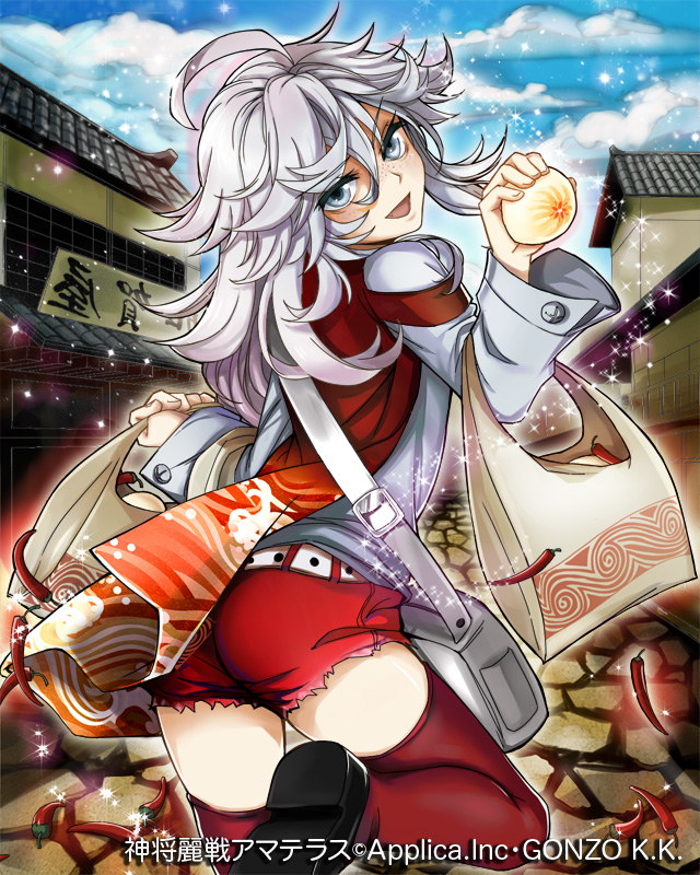 1girl, :d, ahoge, architecture, bag, blue_sky, cape, chili_pepper