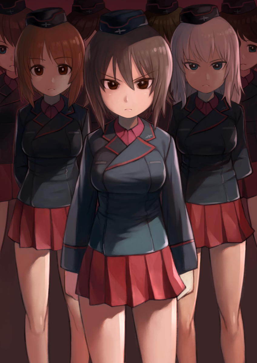 akaboshi_koume, bangs, black_jacket, blue_eyes, brown_eyes, brown_hair, garrison_cap, girls_und_panzer