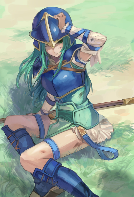 1girl, armor, belt, fire_emblem, fire_emblem:_akatsuki_no_megami, fire_emblem:_souen_no_kiseki, gloves, green_hair, helmet, long_hair, mai_yukari, nephenee, polearm, skirt, solo, weapon