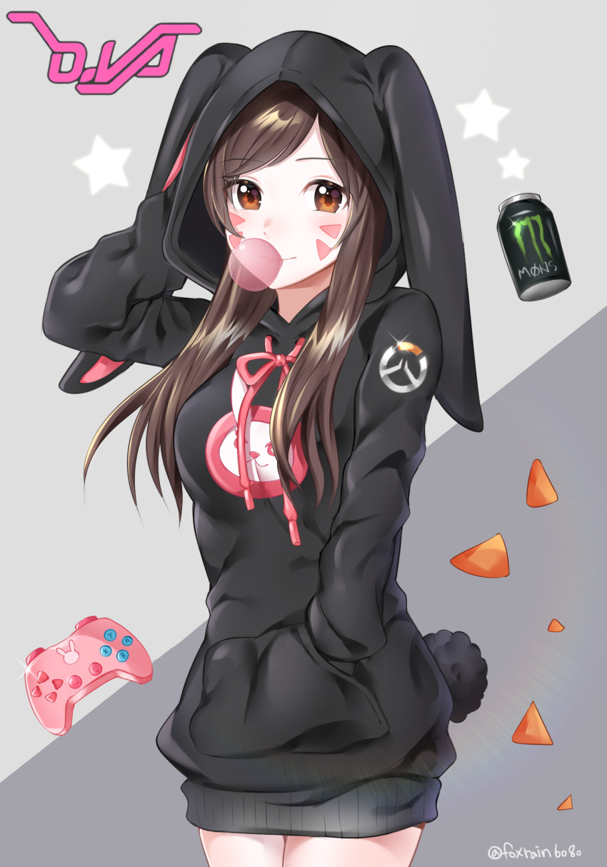 1girl, animal_ears, animal_hood, bangs, breasts, brown_eyes, brown_hair, bubble
