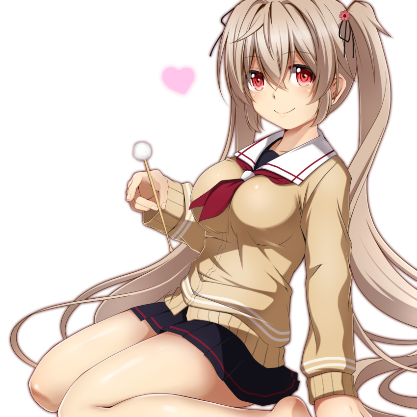 1girl, barefoot, black_skirt, breasts, cardigan, hair_ornament, highres, kantai_collection
