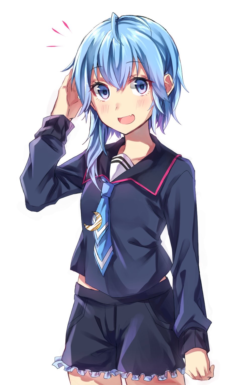 1girl, ahoge, asymmetrical_hair, betti_(maron), blue_eyes, blue_hair, crescent, crescent_moon_pin