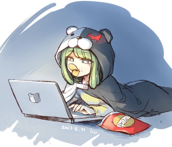 1girl, animal_hood, computer, dangan_ronpa, dangan_ronpa_3, green_eyes, green_hair, hood