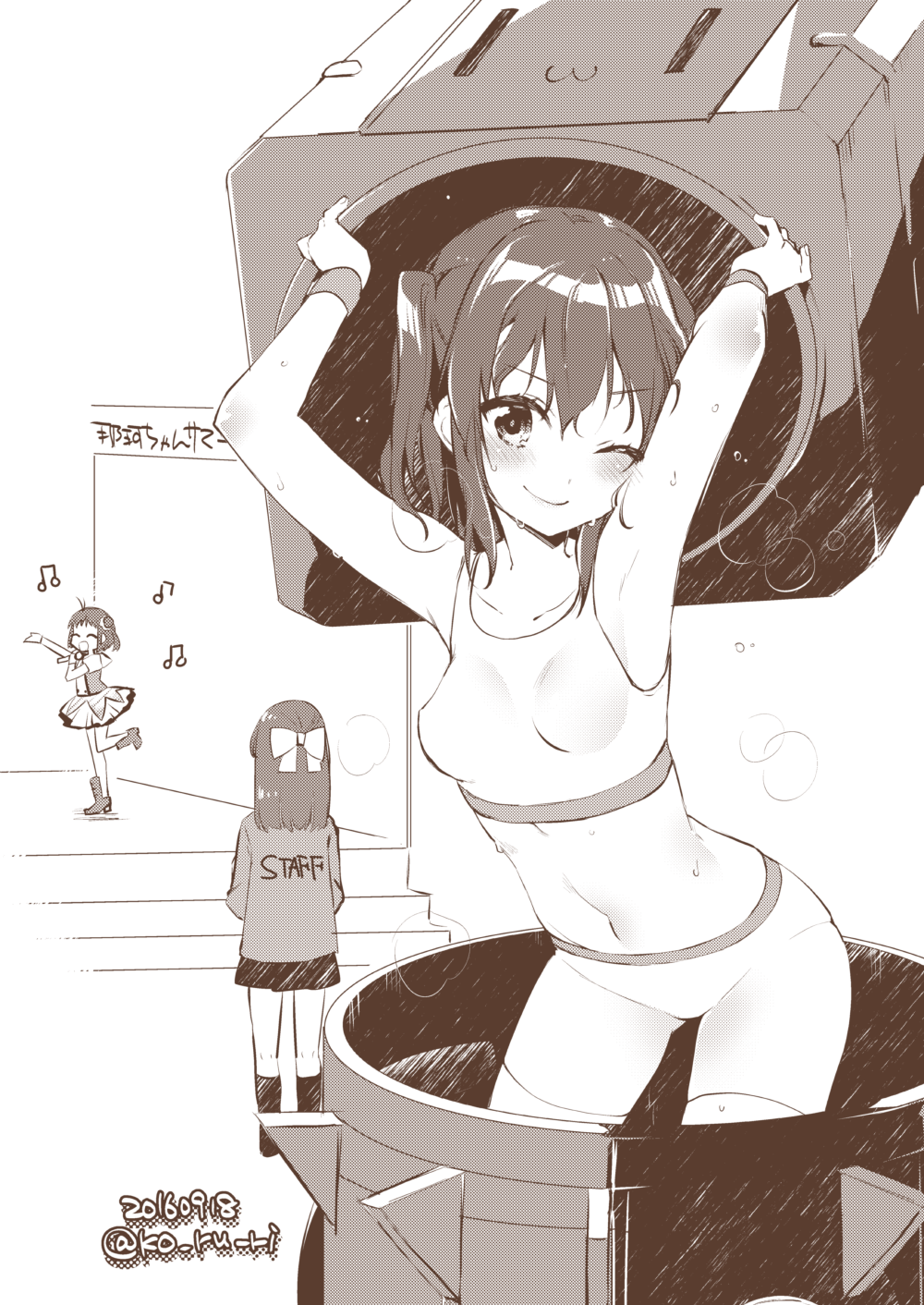 2016, 3girls, arm_up, armpits, arms_up, bike_shorts, blush, bow