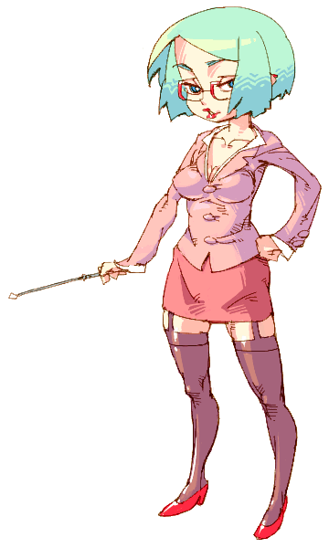 cleavage, glasses, green_hair, heels, outtake, sensei, stockings