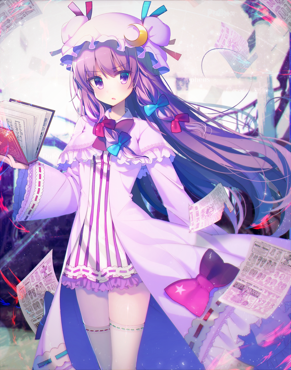 1girl, blue_bow, blue_ribbon, blush, book, bow, capelet, cowboy_shot