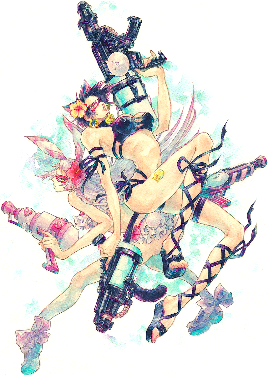 2girls, alternate_costume, animal_ears, bell, bell_choker, bikini, black_cat, black_hair, bow, bunny_tail, cat, cat_(battle_cats), cat_ears, cat_tail, choker, cross-laced_footwear, domino_mask, earrings, flower, gun, hair_flower, hair_ornament, jewelry, long_hair, mask, midriff, multiple_girls, nyanko_daisensou, rabbit_ears, sandals, shoe_bow, shoes, short_hair, swimsuit, tail, ura_(mukimeineko), weapon, white_hair, white_rabbit