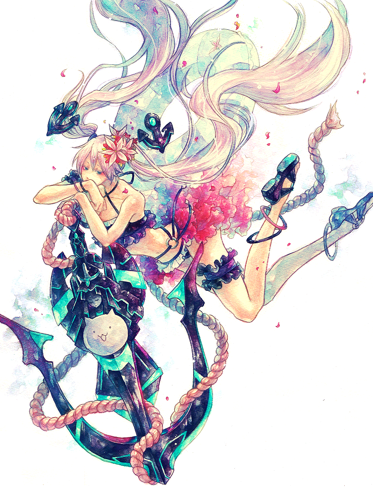 1girl, alternate_costume, anchor, anchor_hair_ornament, anklet, bikini, blue_eyes, cat_(battle_cats), flower, hair_flower, hair_ornament, jewelry, lifebuoy, long_hair, meikai_no_karifa, midriff, nyanko_daisensou, pink_hair, rope, sandals, solo, swimsuit, twintails, ura_(mukimeineko), very_long_hair, weapon